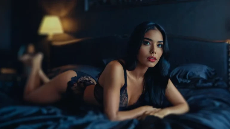 Beautiful sexy slim brown Philipina American woman with long black hair and red lipstick in black lingerie, lying on a dark blue silk-covered bed with pink pillows, in a bedroom with pink and blue fluorescent lights, Midnight Serenity.