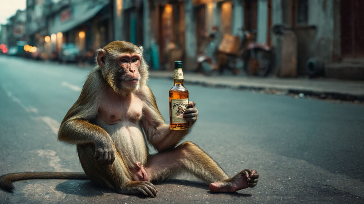 Garik the monkey sitting on a fence, looking mischievous before his whiskey-fueled rampage in a Russian village