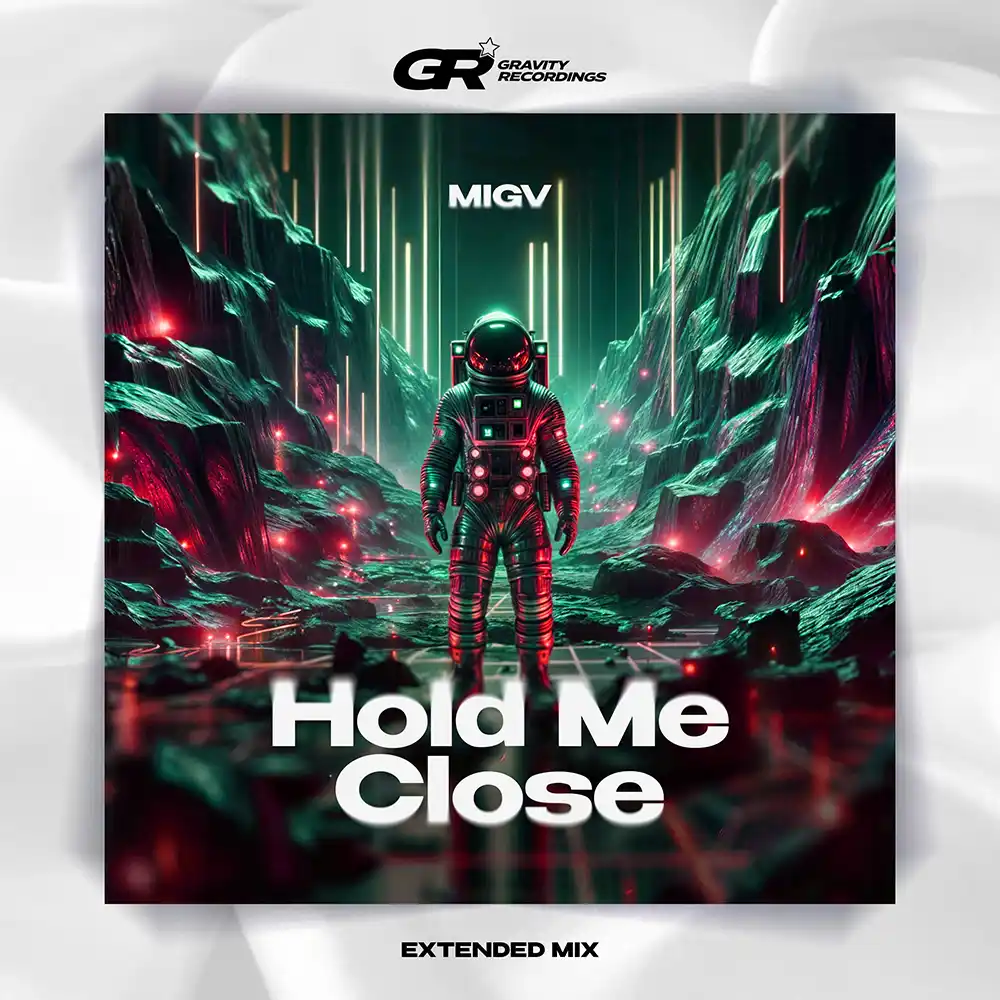 MIGV's 'Hold Me Close' album cover featuring a futuristic astronaut in a surreal, colorful landscape.