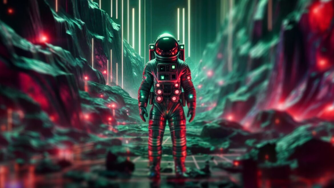 MIGV's 'Hold Me Close' album cover featuring a futuristic astronaut in a surreal, colorful landscape.