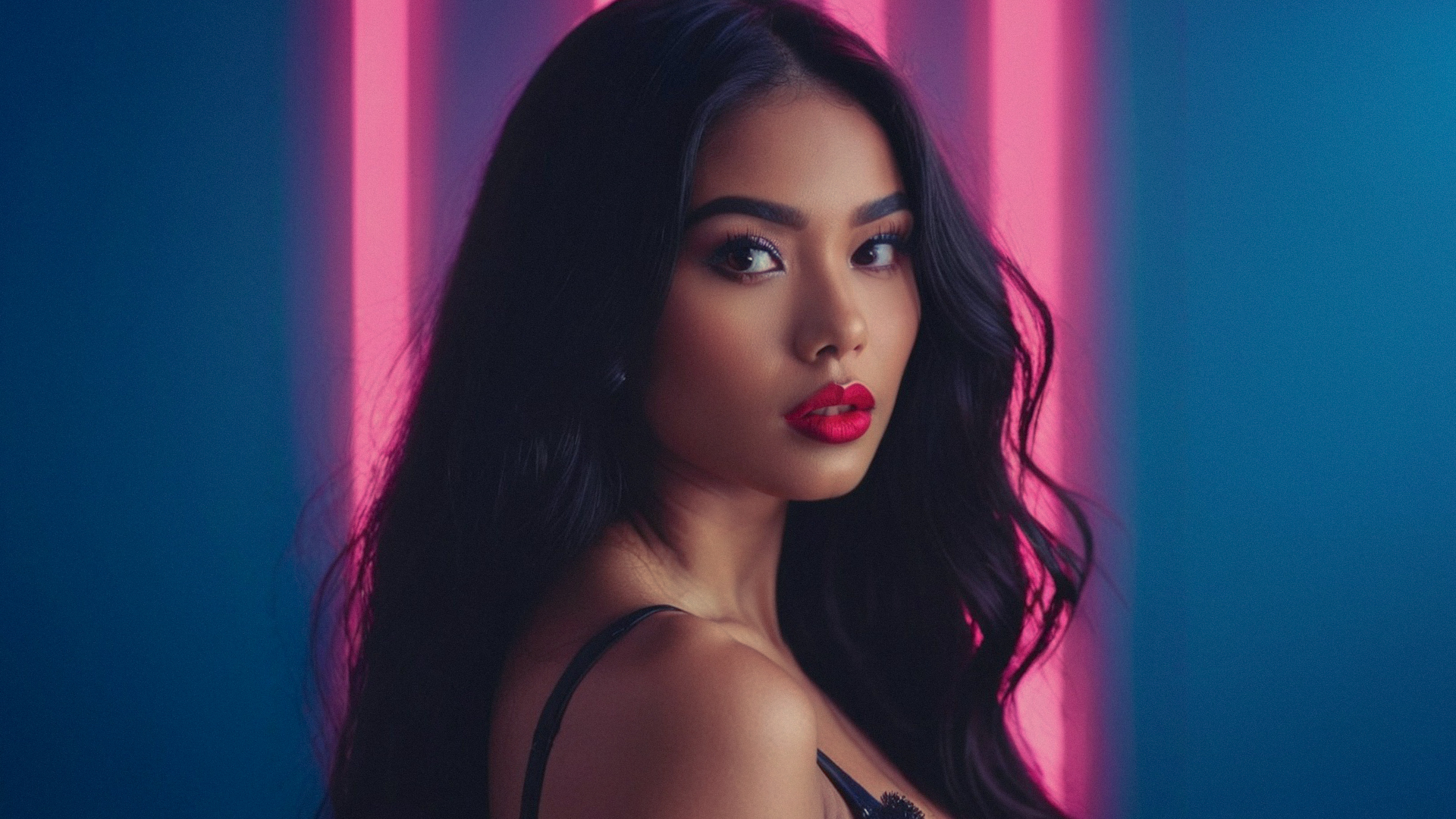 Woman with long black hair and red lipstick in front of neon lights.