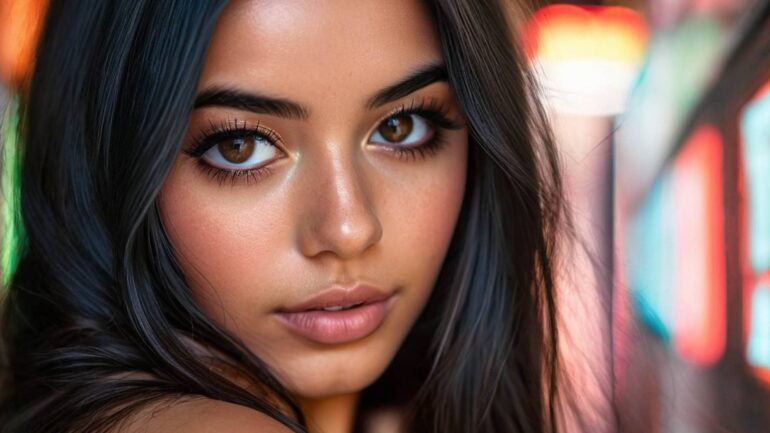 Close-up of a young woman with long dark hair and captivating eyes, standing against a colorful neon-lit background.