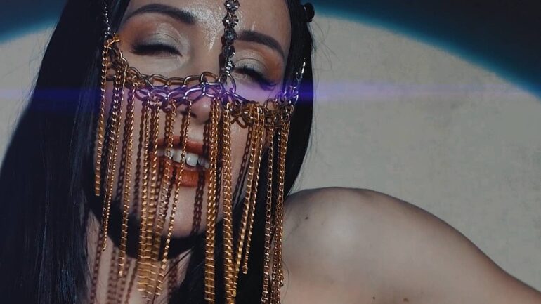 Close-up of a woman with a chain mask, reflecting house vibes.