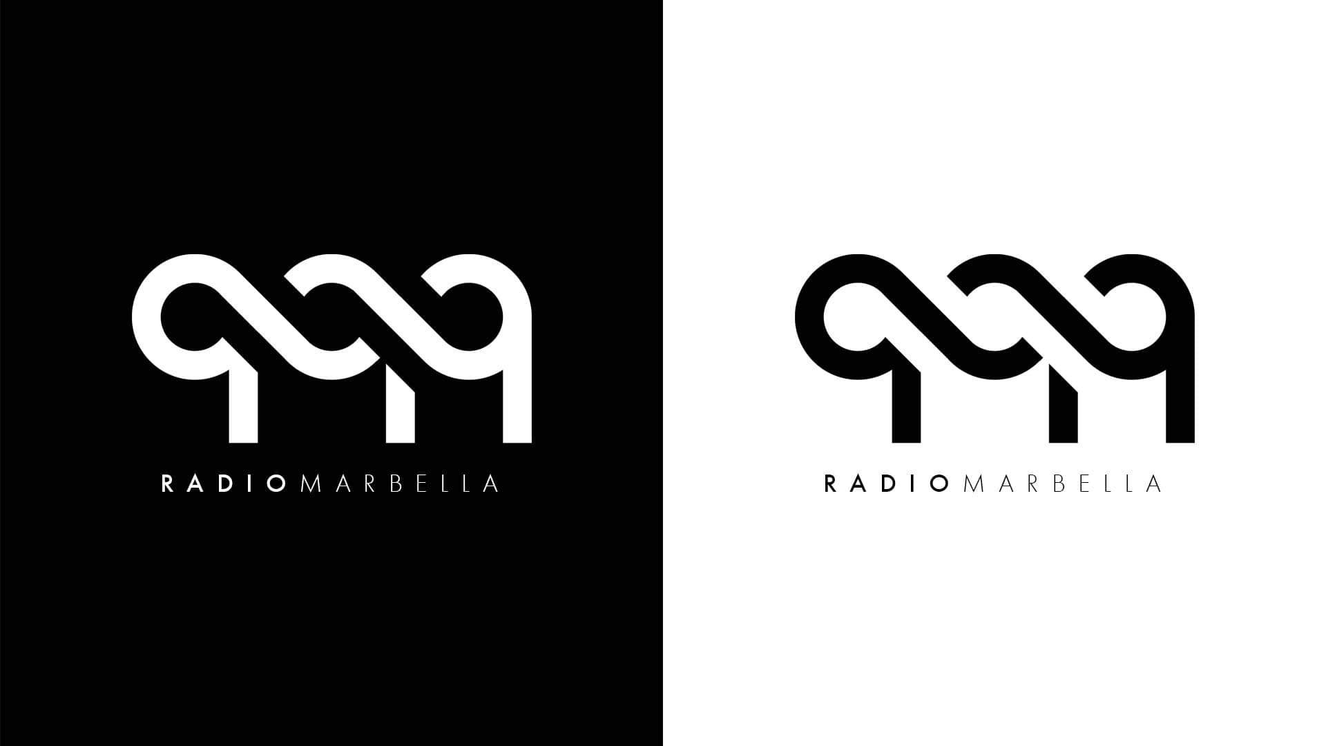 Radio Marbella logo featuring a wave-shaped M representing the beats moving like Mediterranean waves.